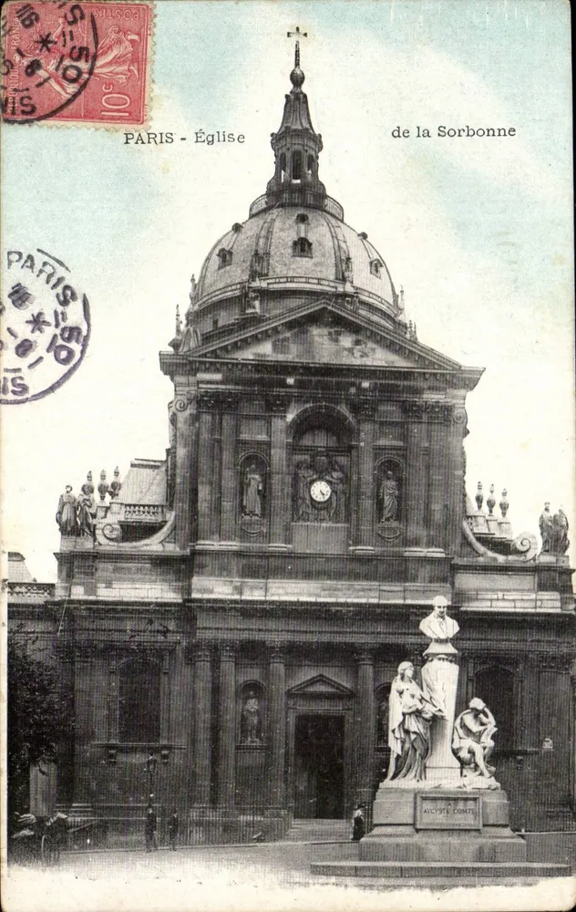 Paris - Igreja da Sorbonne — vista da fachada com o monumento a Aucoste Conte — editor Paris - Frente