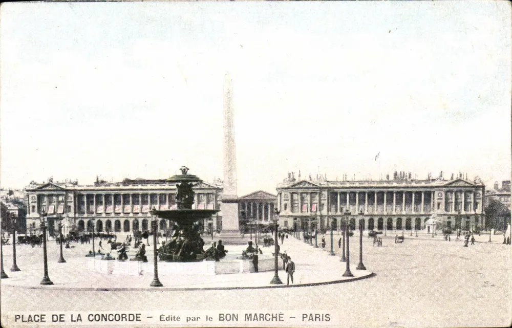 Place de la Concorde — Fontäne und Obelisk — Verlag Le Bon Marché — Paris - Vorderseite