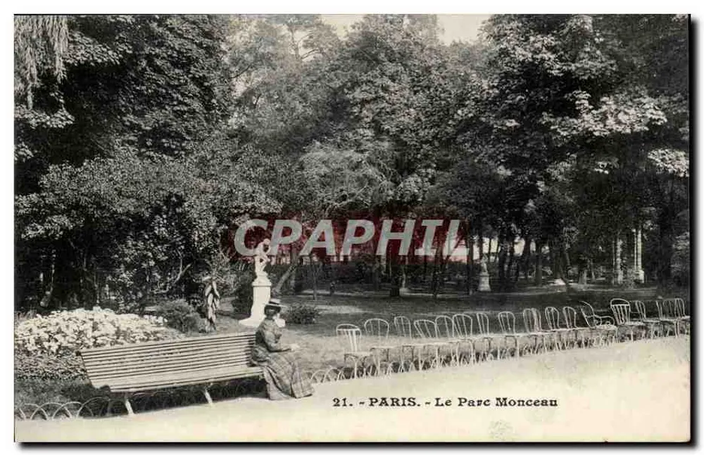 Paris - Der Parc Monceau — Ansicht des Parks mit Statue und Bank — n°21 - Vorderseite