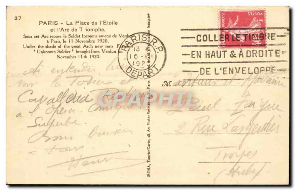 Arc de Triomphe — Place de l'Étoile — Verlag MONA, Nr. 27 - Rückseite