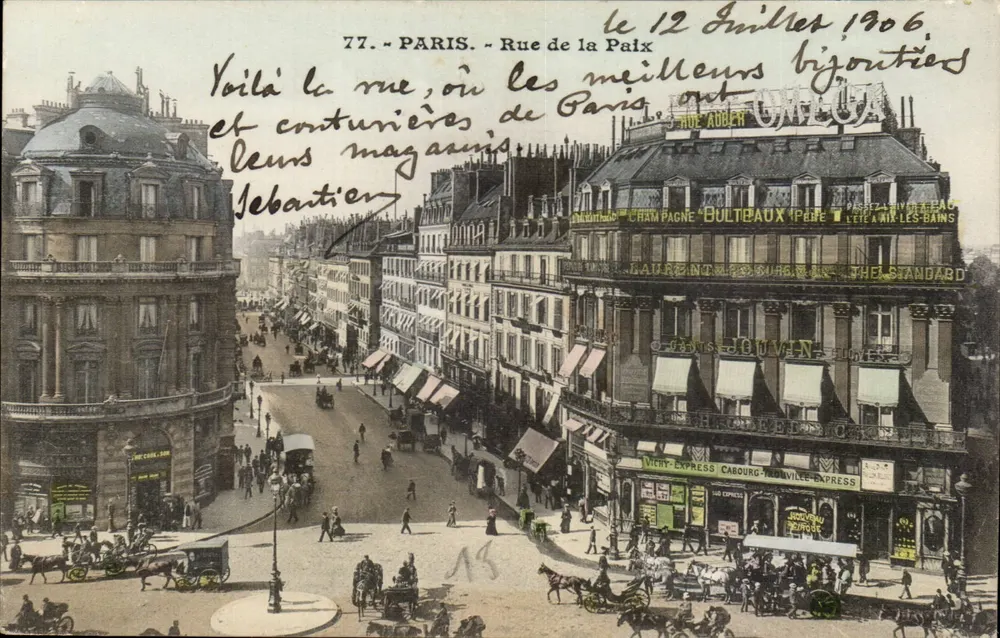 Paris - Rue de la Paix — lebendige Ansicht mit Geschäften und Werbetafeln — Verlag Auber, n°77 - Vorderseite