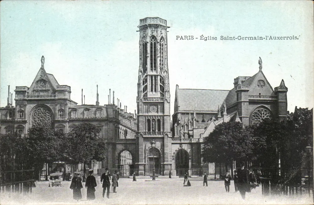 Paris - Kirche Saint-Germain-l'Auxerrois — Ansicht des Gebäudes mit Turm und Rosenfenstern, unbekannter Verlag - Vorderseite
