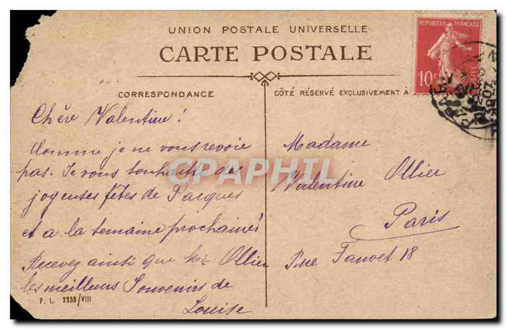 Paris. O Ópera e a Avenida do Ópera — editor P. L. n° 2959/VIII - Verso
