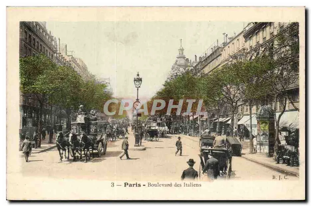 Paris - Boulevard des Italiens — lebendige Ansicht mit Kutsche und Fußgängern — B. J. C. - Vorderseite