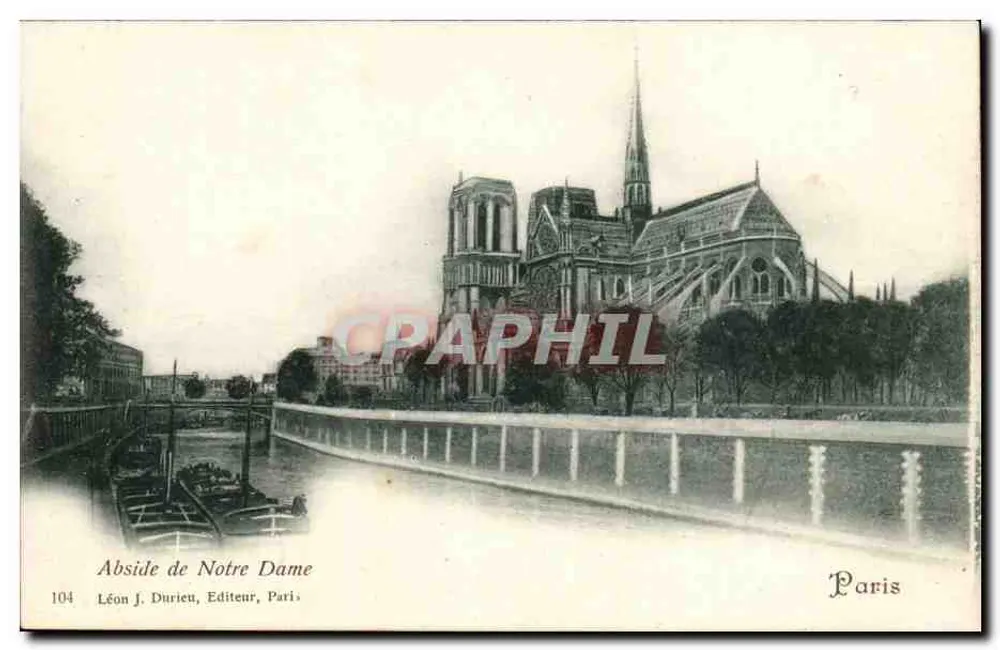 Abside de Notre Dame — vista da catedral com o cais e o rio — Léon J. Durieu, Editor, Paris, n°104 - Frente