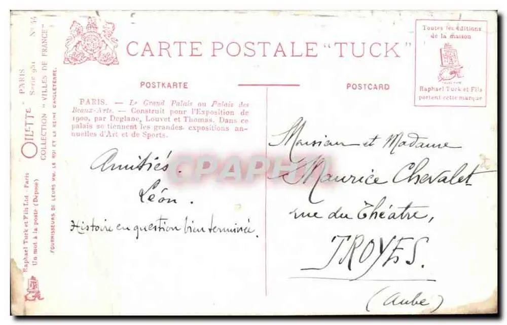 Paris. Grand Palácio — Exposição dos Belos-Artes 1900 — Tuck & Fils - Verso