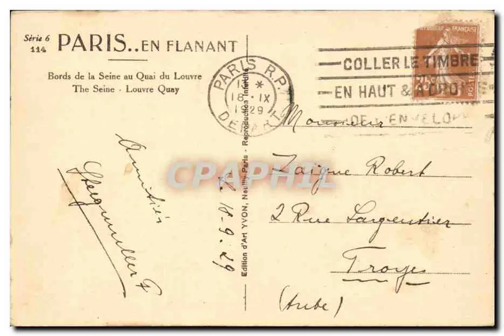 Paris. Spaziergang — Ufer der Seine am Louvre-Quai — Kunstausgabe YVON, Serie 6, Nr. 114 - Rückseite