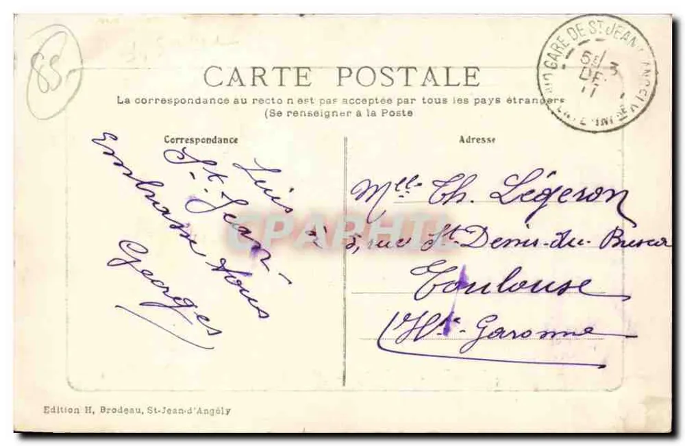 Saint-Jean-d'Angély — O Palácio de Justiça — Edição H. Brodeau - Verso