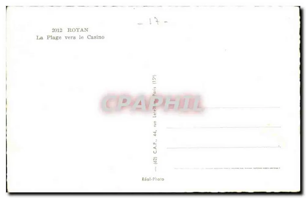 Royan — A Praia em direção ao Cassino — C.A.P. (62) Rue Léonard de Paris 1359 - Verso