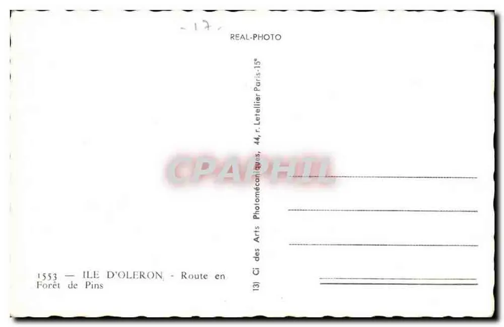 Floresta de Pinheiros — Ilha de Oléron — Estrada na Floresta de Pinheiros — Editor: Arts des Arts Photomécaniques, 44, r. Letellier, Paris-15e - Verso