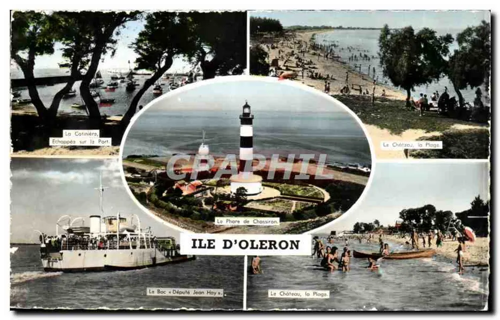 Ilha de Oléron — Vista panorâmica com farol, praia e barco — Edições Gaby, Nantes - Frente