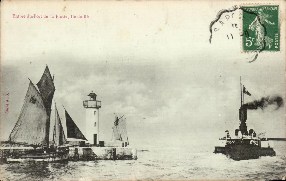 Eingang zum Hafen von La Flotte, Île-de-Ré — Leuchtturm und Boote — Verlag Clithé A. G. - Vorderseite