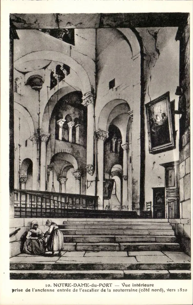 NOTRE-DAME-du-PORT — Vista interna tirada da antiga entrada da escada da subterrânea (lado norte), em torno de 1820 - Frente