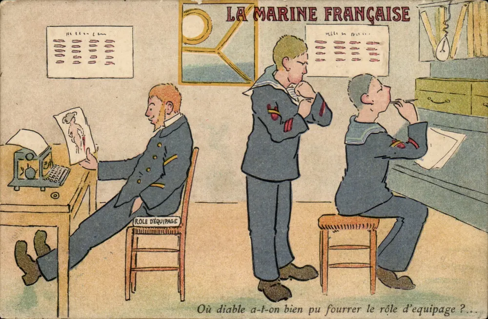 Die französische Marine — Thema: drei Matrosen in Uniform in einem Büro — Verleger: , Nr. 25 - Vorderseite