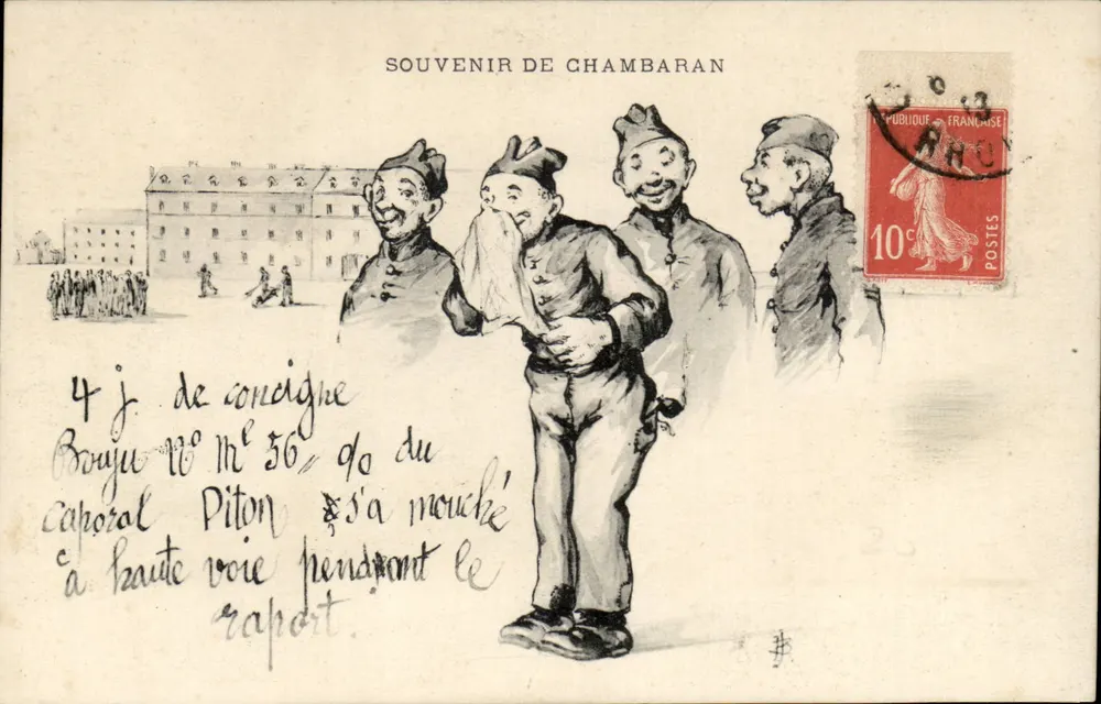 Soldados em uniforme de campanha — Lembrança de Chambaran — editor não identificado, número de série não visível - Frente