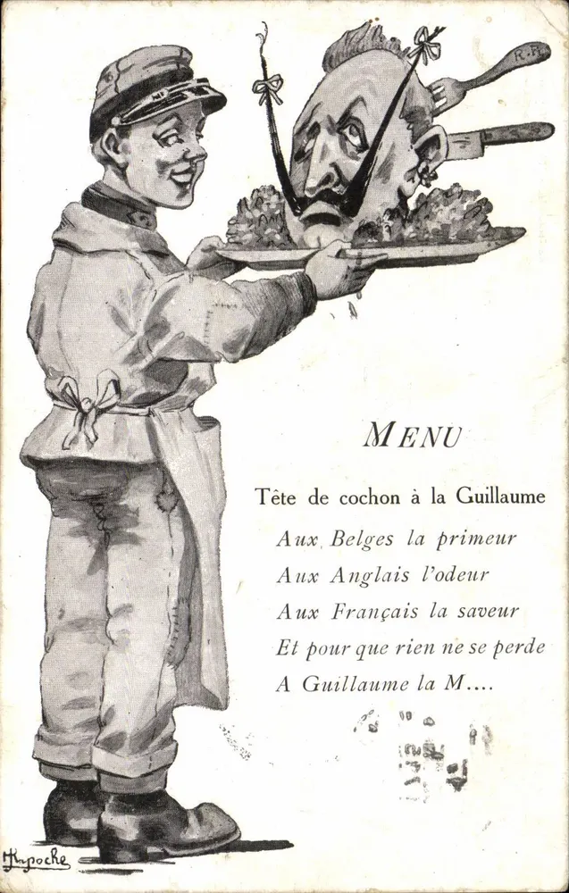 Soldat, der ein Schweinshaupt präsentiert — satirische Karikatur — Hypoche, Verlag E.D.M. Vincennes, Nr. 1 - Vorderseite