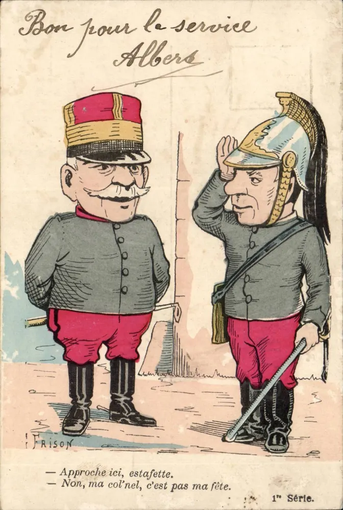 Due soldati caricaturati — caricatura militare — Frison, 1° serie - Recto