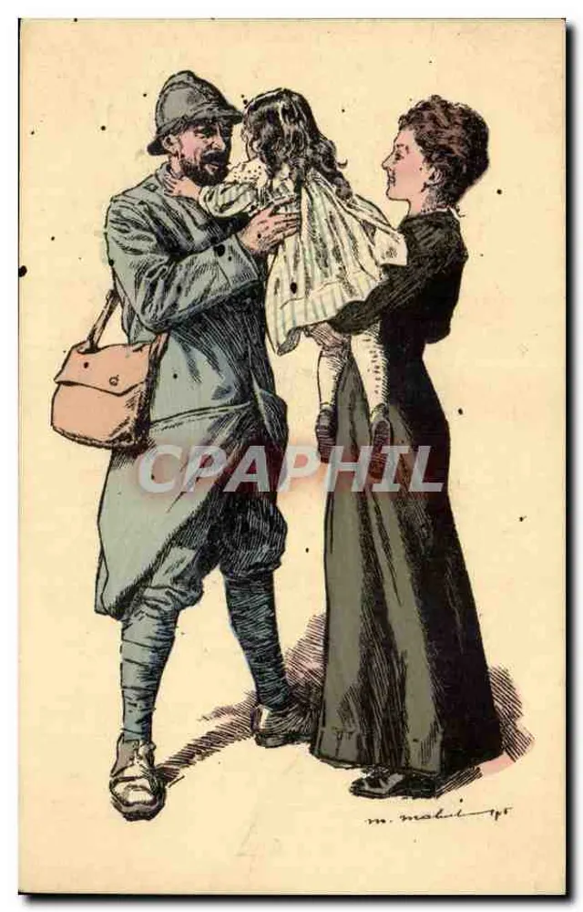 Soldat, der seine Tochter trifft — bewegende Szene — Zeichnung von M. Madel (1915) - Vorderseite