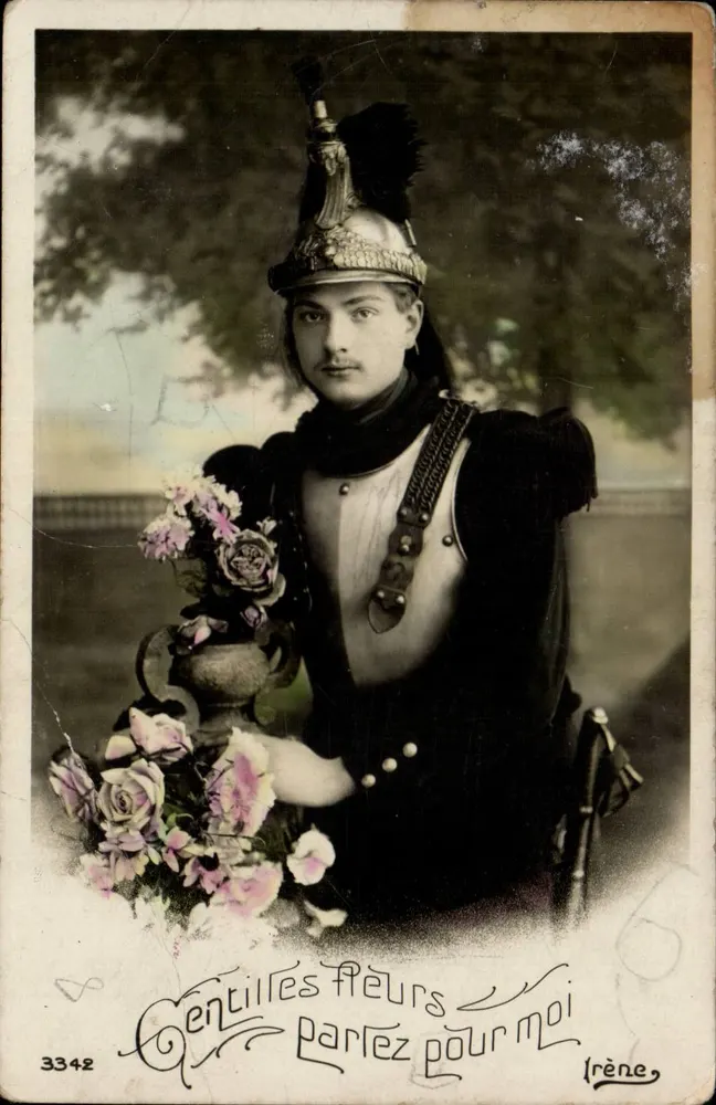Soldat in Uniform — mit Rosenstrauß — Irène, n° 3342 - Vorderseite