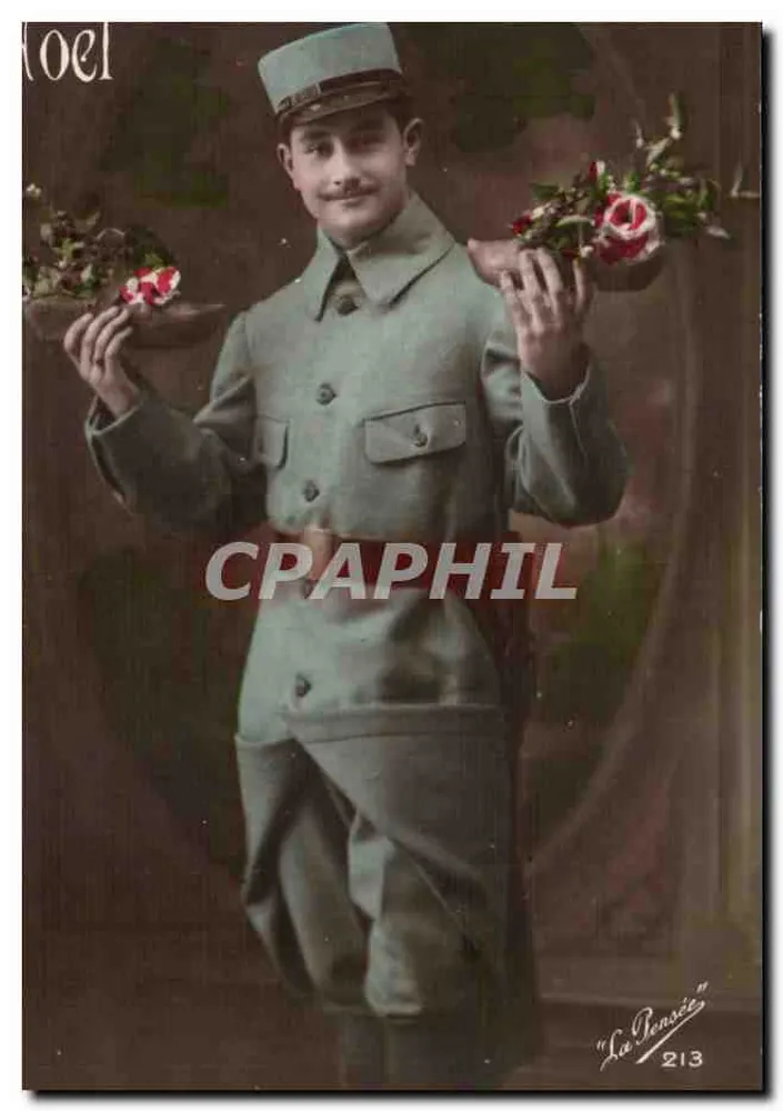 Soldado em uniforme — segurando buquês de rosas — editor 'La Pensée', n°213 - Frente