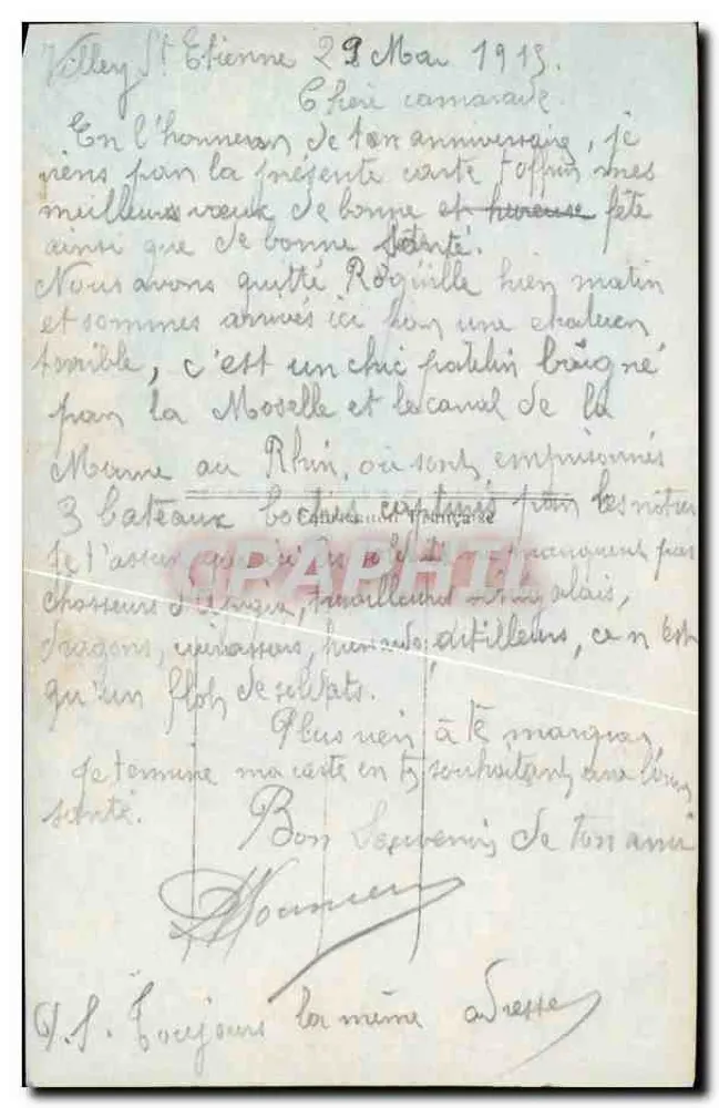 Soldado francés en uniforme — escribiendo una carta — tarjeta postal de guerra - Reverso
