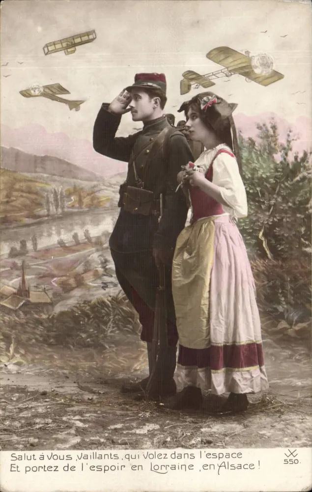 Soldat und Frau im elsässischen Kleid — Flieger im Hintergrund — Verlag X, Nr. 550 - Vorderseite