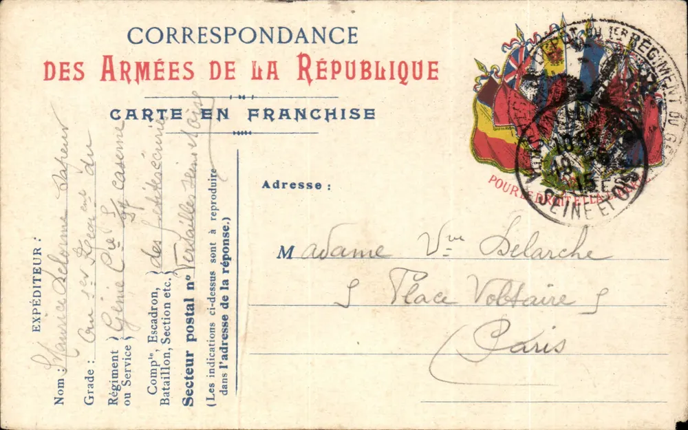 Correspondance des Armées de la République — Carte en franchise — 1er Régiment du Génie - Vorderseite