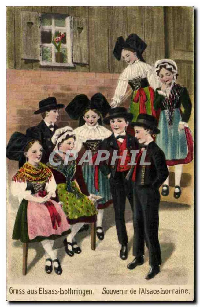 Grupo de niños en trajes tradicionales — Elsass-bothringen — Editor Teilk. LüB. Kunstkammergesellschaft, Strasburgo (n° 8235) - Anverso