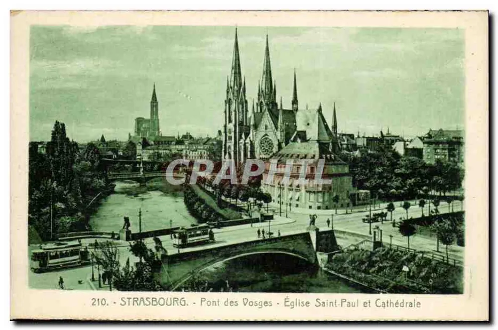 Straßburg — Pont des Vosges — Kirche Saint-Paul und Kathedrale - Vorderseite