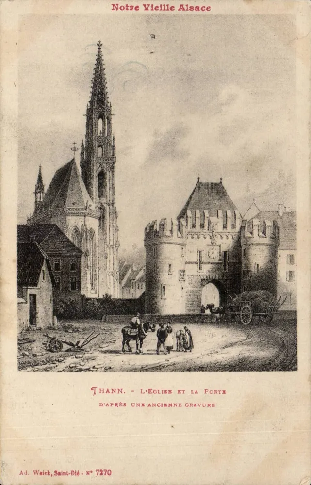 Thann - Die Kirche und das Tor — nach einer alten Holzschnitte — Ad. Weick, Saint-Dié, n° 7270 - Vorderseite