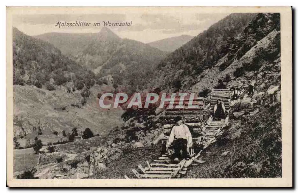 Holzschlitter im Wormsatal — Ansicht von Arbeitern auf einem Holzweg in einem Bergtal - Vorderseite