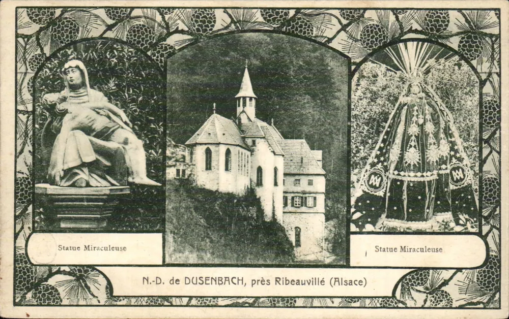 N.-D. de DUSENBACH, in der Nähe von Ribeauvillé (Elsass) — Wunderstatuen und Kirche — Verleger MARQUE - Vorderseite