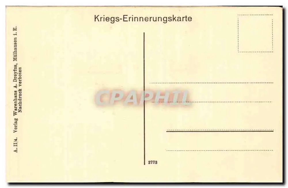 Deutsche Offiziersgräber in Modenheim bei Mühlhausen i. Els. — Kriegs-Erinnerungskarte — Verlag Warenhaus A. Dreyfus, Nr. 2773 - Rückseite