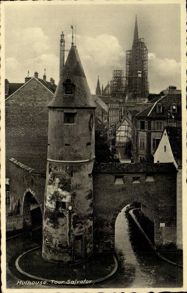 Mulhouse. Wieża Salvator — widok wieży z katedrą na tle — Wydawca L. Muller, Mulhouse, nr 413954 - Awers