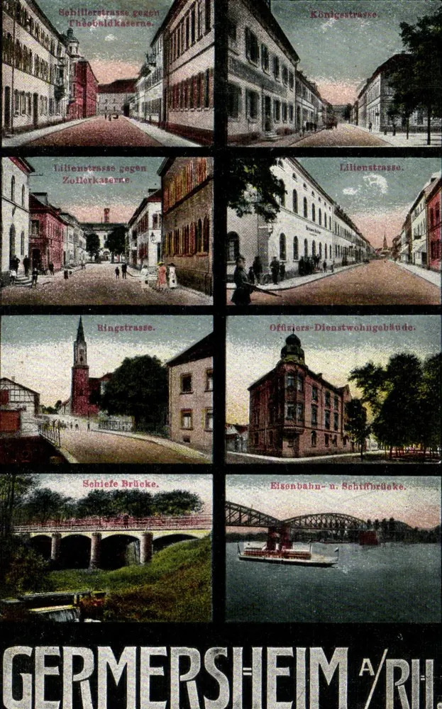 Germersheim a/Ruhr — panoramische Ansicht in 8 Vignetten — Verlag: Rotbacher Kunst- und Postkarten-Verlag, Mannheim - Vorderseite