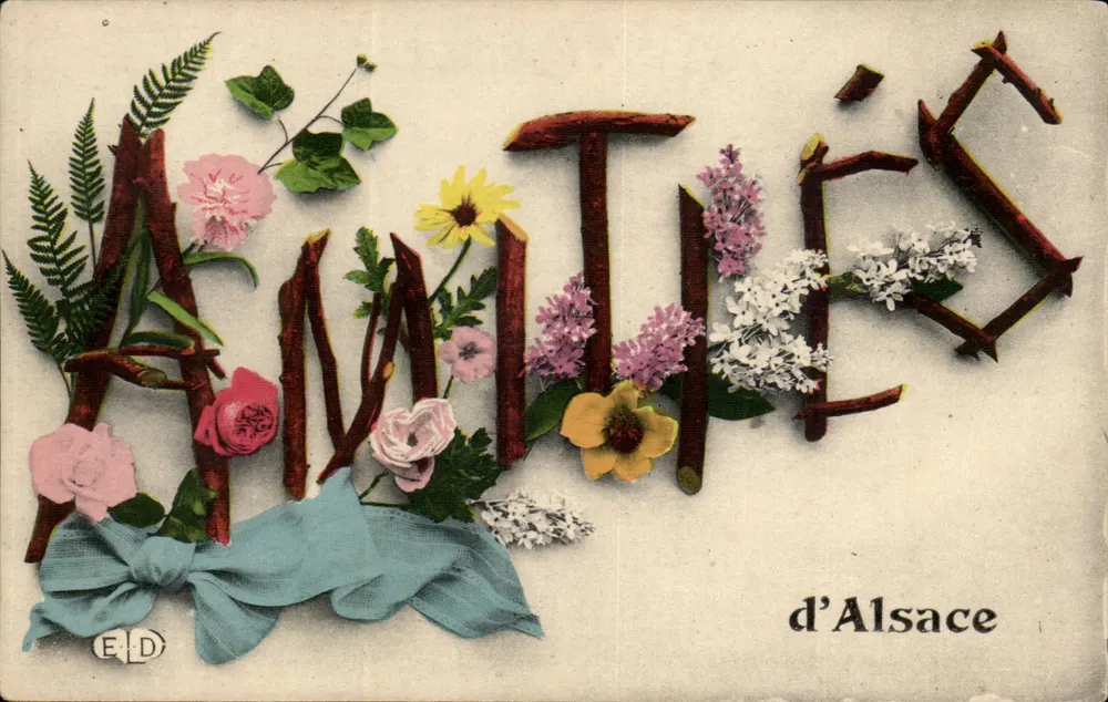 Annuities d'Alsace — Carta postal decorativa com letras de madeira e flores — E.D. (editor) - Frente