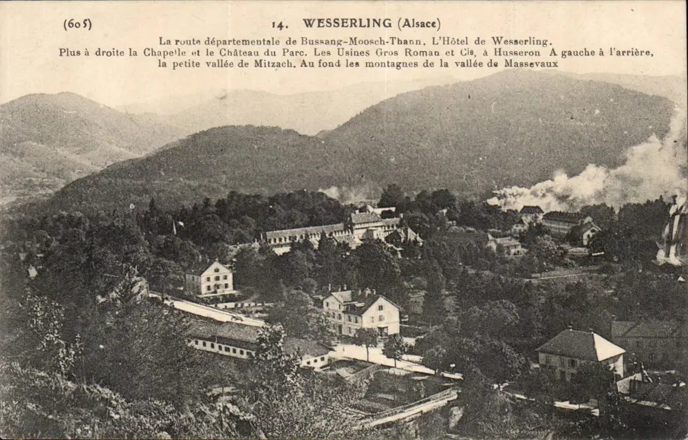 Wesserling (Alsacia) — vista panorámica con fábricas y castillo — editor desconocido, n.º de serie (605) - Anverso