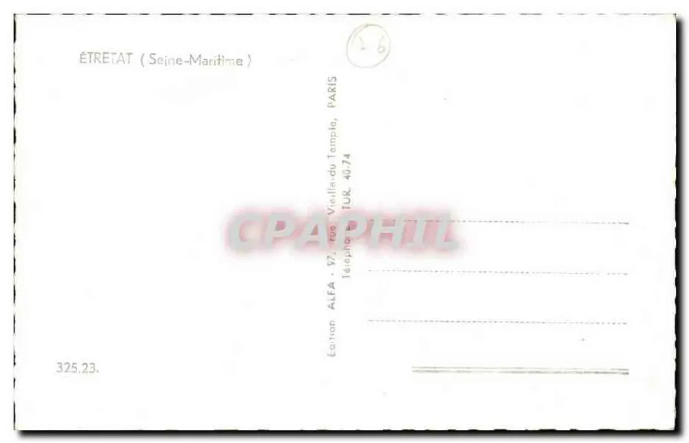 Étretat — Vista das falésias e do cabanão de praia — Edição ALFA, n° 325.23 - Verso