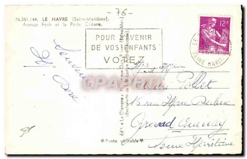Avenue Foch und Porte Océane — Le Havre — Verlag La Cigogne, n° 76.351.144 - Rückseite