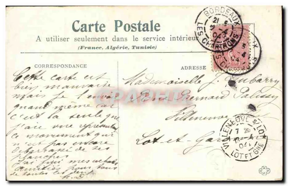 Bordeaux — Monument de Gambetta — Editor não identificado, número de série não visível - Verso