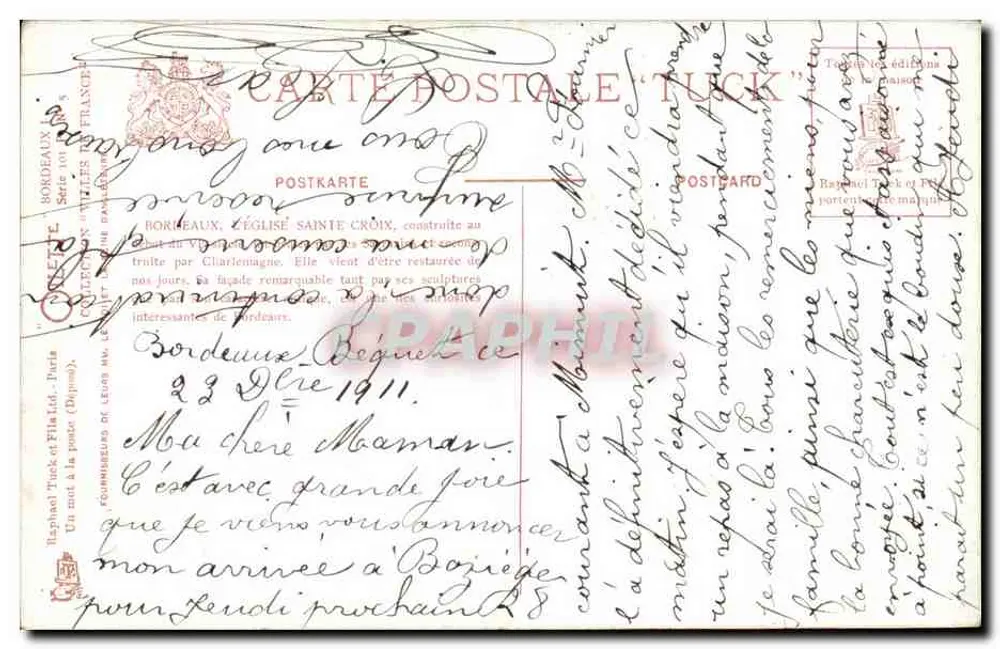 Bordeaux - Kerk van Sint-Kruis — uitgever Tuck & Fils, serie 101 - Achterkant