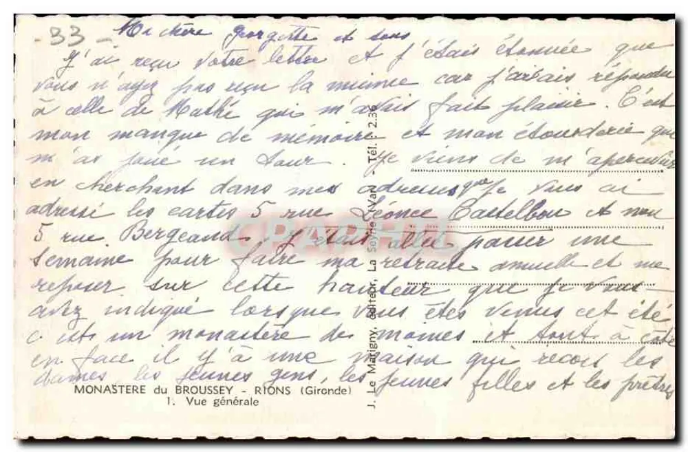 Mosteiro de Broussey — Rions (Gironde) — J. Le Maitreney, editor - Verso