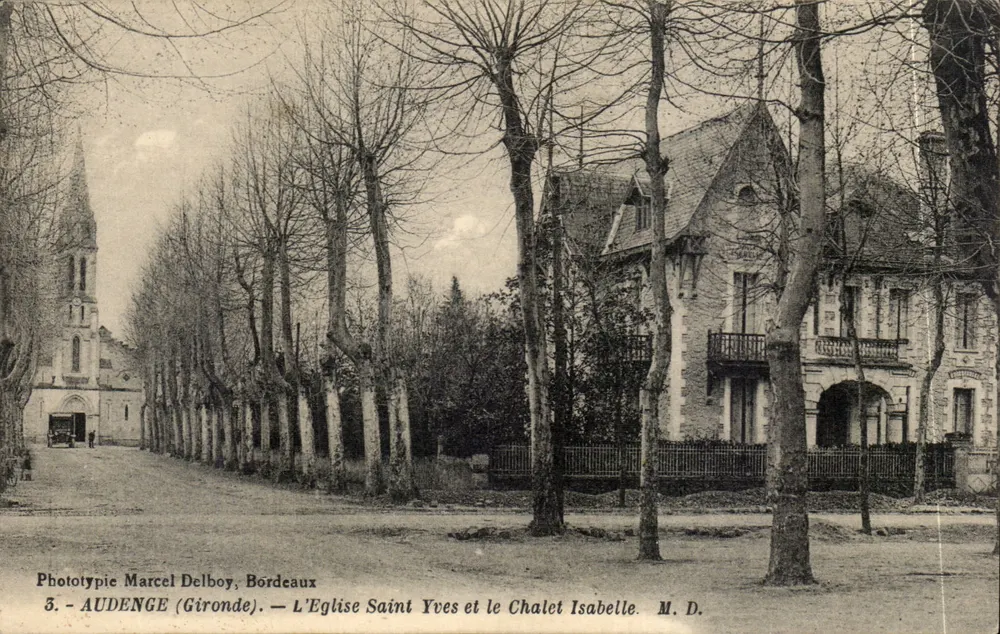 Audenge (Gironde) — Die Kirche Saint-Yves und das Chalet Isabelle — Phototypie Marcel Delboy, Bordeaux - Vorderseite