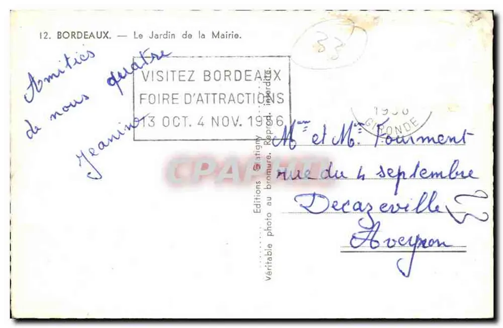 Bordeaux — Jardim da Prefeitura — Éditions Eduug, n°12 - Verso