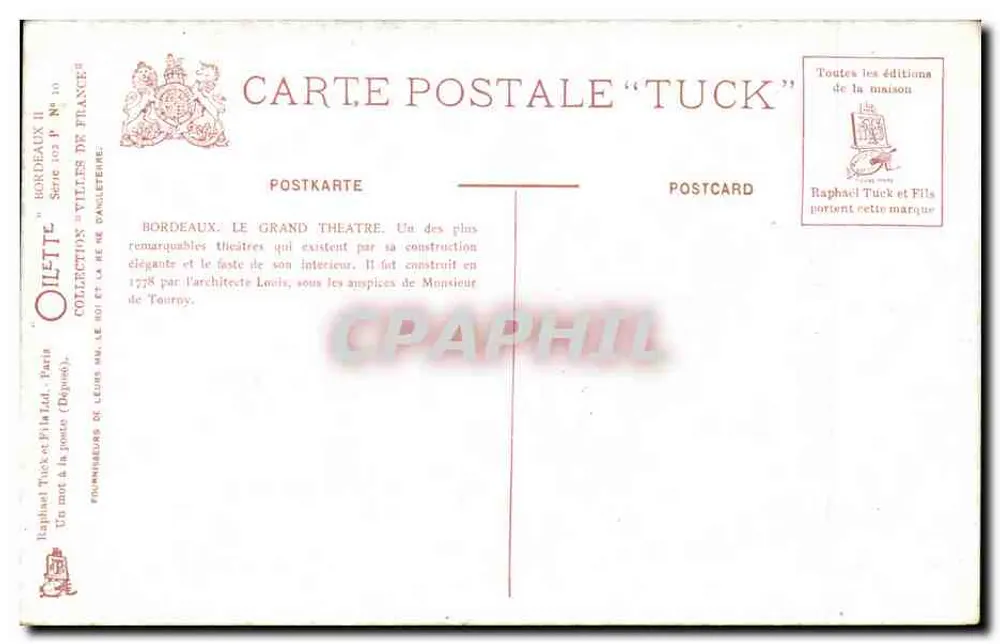 Bordeaux. O Grande Teatro — vista noturna — Tuck & Fils, série 103 - Verso
