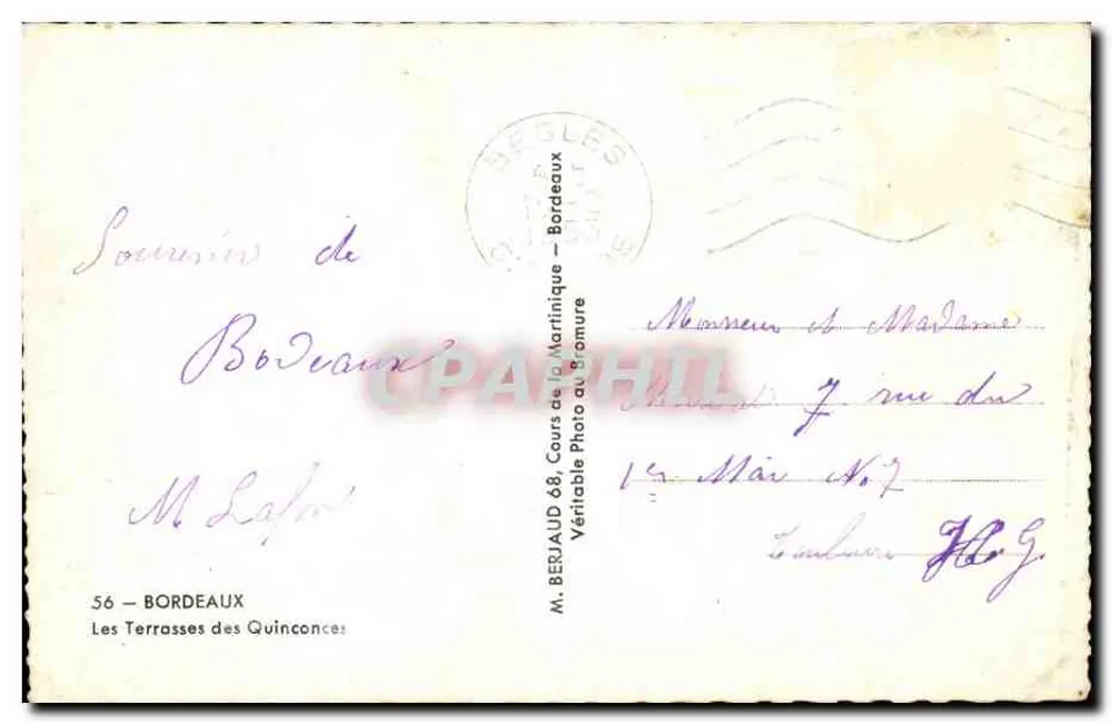 Les Terrasses des Quinconces — Bordeaux — editor M. Beriaud - Verso