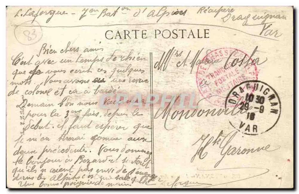 Draguignan — Eingang zu den neuen Kasernen — 7. Bataillon der Alpinen Schützen — Verlag BPD, n° 2908 - Rückseite
