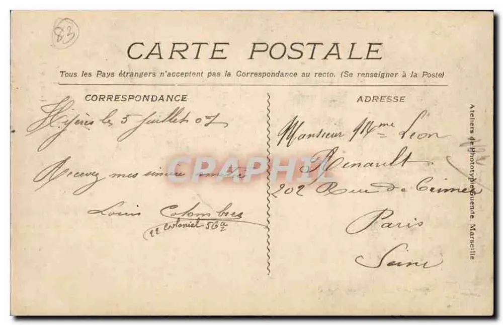 Hyères - De Mairie (De Toren) — Uitgever Ateliers de Photographie, Marseille, n° 1354 - Achterkant