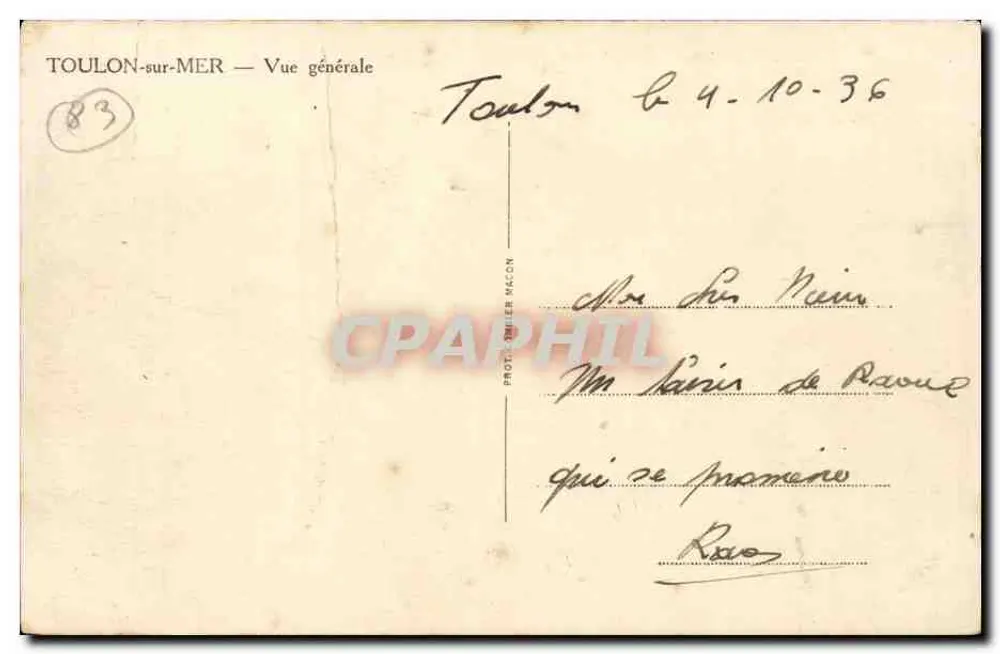 Toulon-sur-Mer — Vista geral — Editor Prot. Mielier Maccon, n°83 - Verso