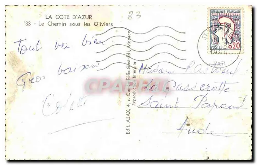 O Caminho sob os Oliveiras — A Costa Azul — Ed. AJAX, 4, r. Comte Félix-Gastaldi, Mopaco - Verso
